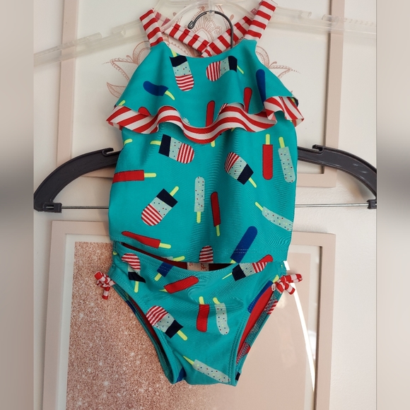 🎁5/$25-2T teal tankini two piece bathing suit,  popsicle pattern - Picture 3 of 10